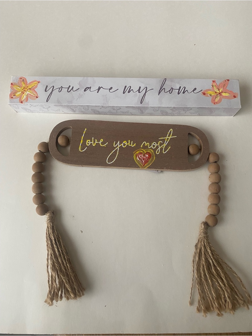 Love You Most Beige Beaded Wall Hanging - Rustic Home Accent Hand Painted